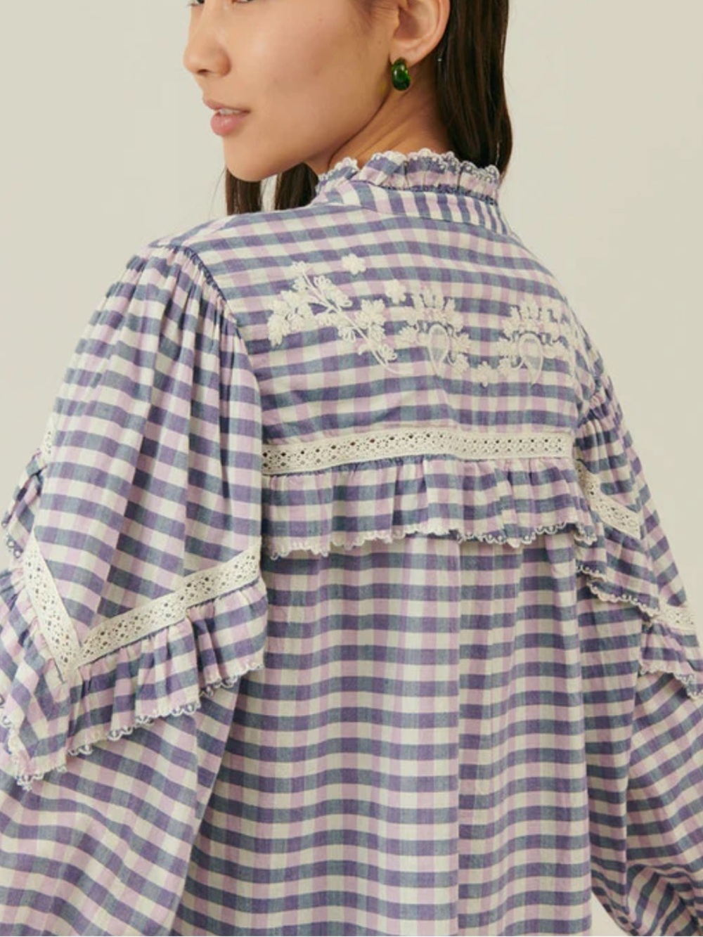 Women Organic Cotton Blouse Noelianne Blue Purple Checks 36 - Picture 3 of 7